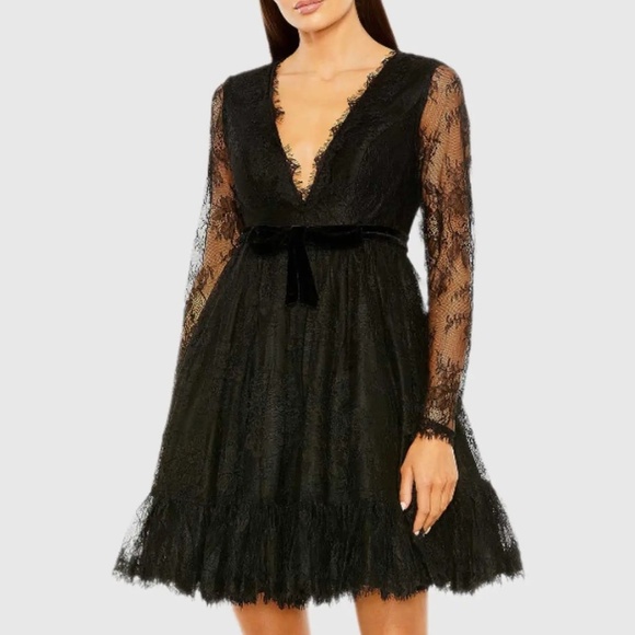 Mac Duggal - Black Long Sleeve Deep V Lace Babydoll Dress - Picture 1 of 13